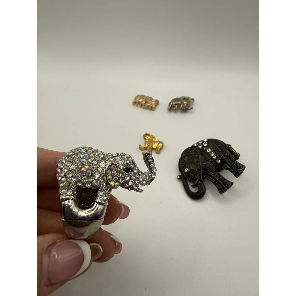 Vintage Set of Elephant Brooches and Ring with Rhinestones